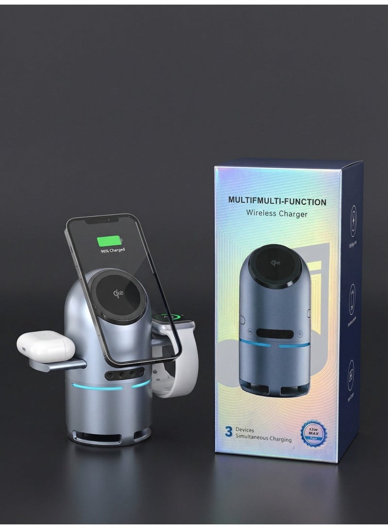 محطة شحن لاسلكية قياسية QI2 متعددة الوظائف 3 فى1 بلوتوث , سبيكر , مع حامل دوار مغناطيسى تلقائى لكل موديلات ايفون (ماجسيف) 12 ،13 ،14 ،15 ،16 ،17 , ايربودز برو ، ابل واتش ، سامسونج جلاكسي الترا - Image 2